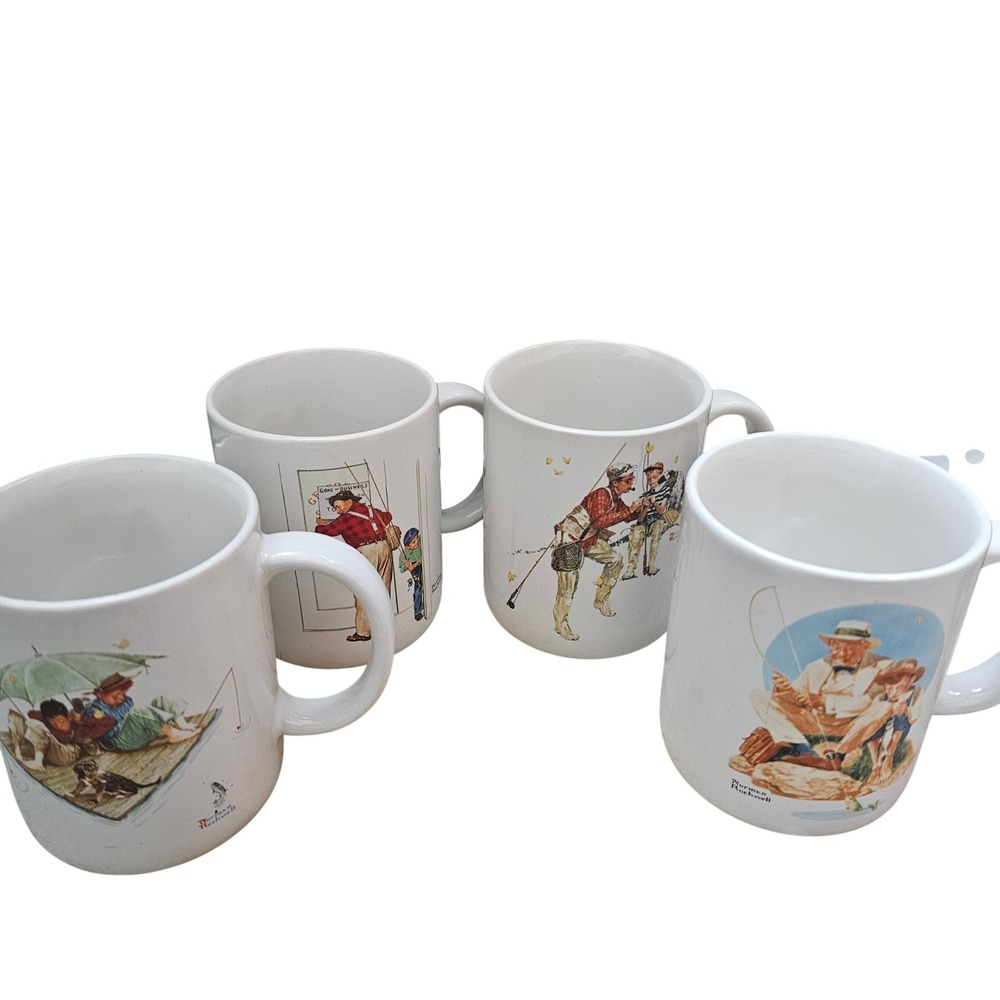 Norman Rockwell Fishing Coffee Mug Set of 4 Museum Collections 1987 Japan